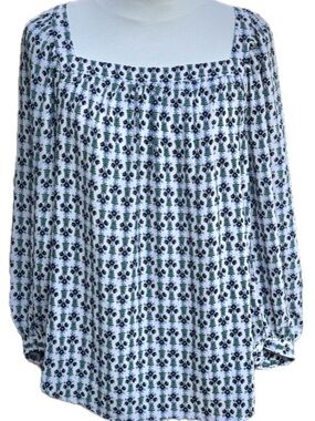 Ann Taylor White Blouse with Navy & Green Floral Print